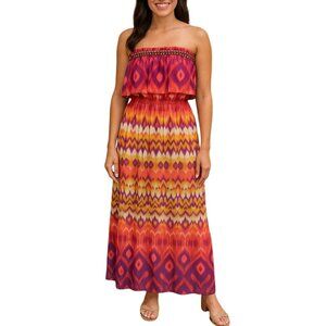 2b Bebe Strapless Maxi Dress With Beaded Top & Vibrant Boho Print Size Medium
